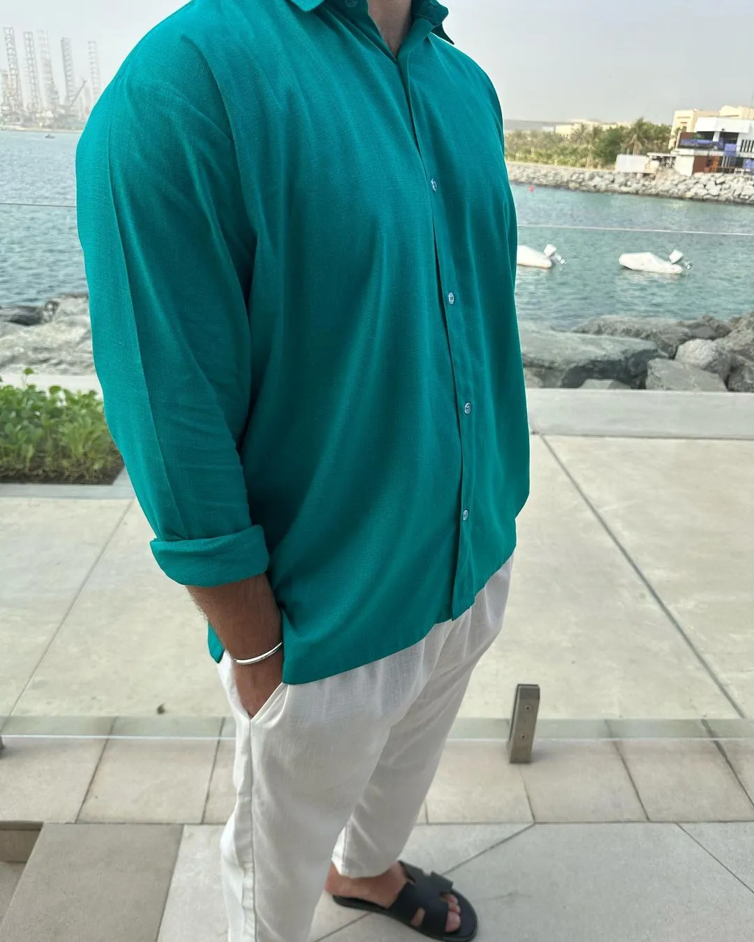 100% Linen Summer shirt sea green custom