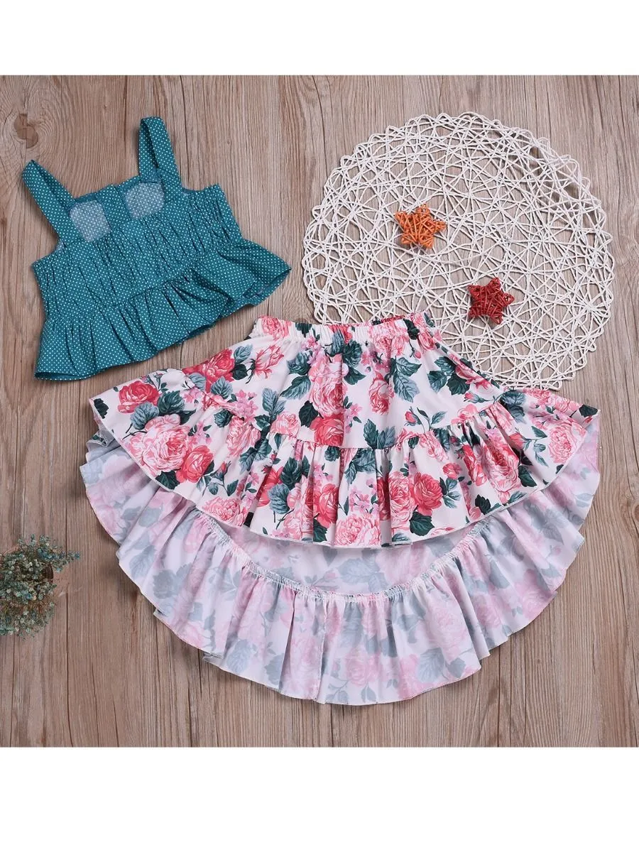 2-Piece Outfits Set Baby Toddler Big Girl Clothes Polka Dots Ruffle Top Flower Asymmetrical Hemline Dress