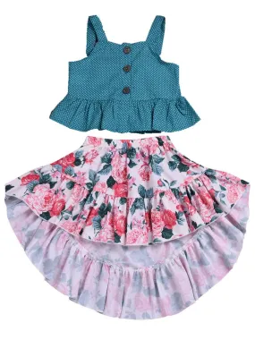 2-Piece Outfits Set Baby Toddler Big Girl Clothes Polka Dots Ruffle Top Flower Asymmetrical Hemline Dress