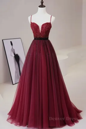 A Line V Neck Beaded Burgundy Tulle Long Prom Dress, Beaded Burgundy Formal Graduation Evening Dress