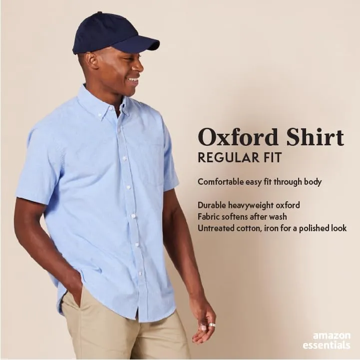 Amazon Essentials Men's Regular-Fit Short-Sleeve Pocket Oxford Shirt, Blue, X-Small