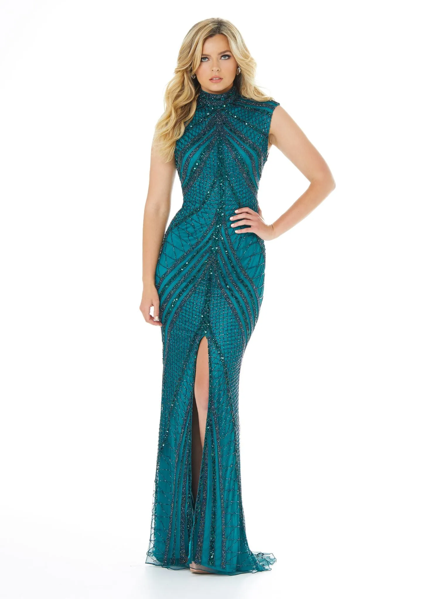 Ashley Lauren 1624 Long Prom Dress Beaded Evening Gown Slit Formal Pageant