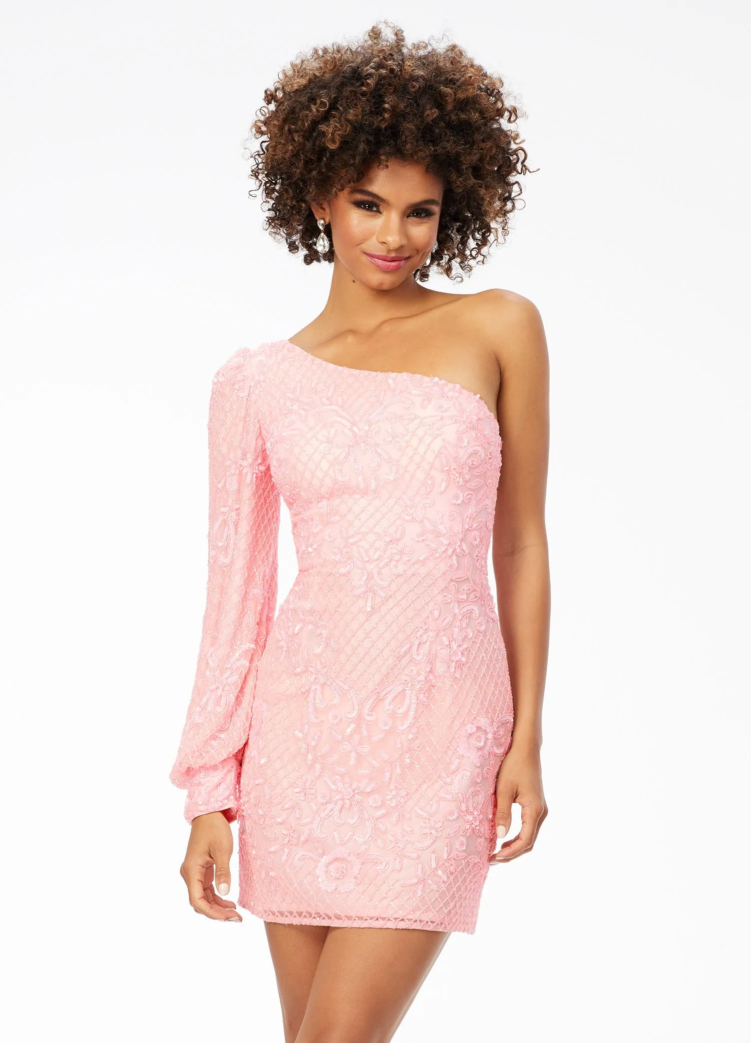 Ashley Lauren 4497 Size 4 Neon Pink Short Fitted Long Sleeve Sequin Beaded Formal Cocktail Dress Homecoming