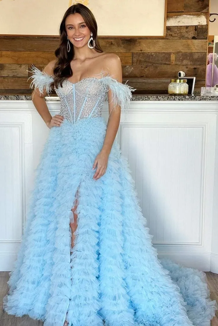 Astrid |A Line Off the Shoulder Tiered Tulle Prom Dress With Slit