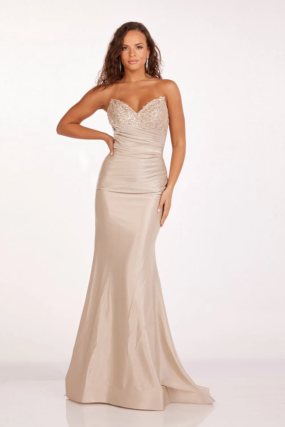 Beaded Fitted Strapless Slit Gown by Abby Paris 90251