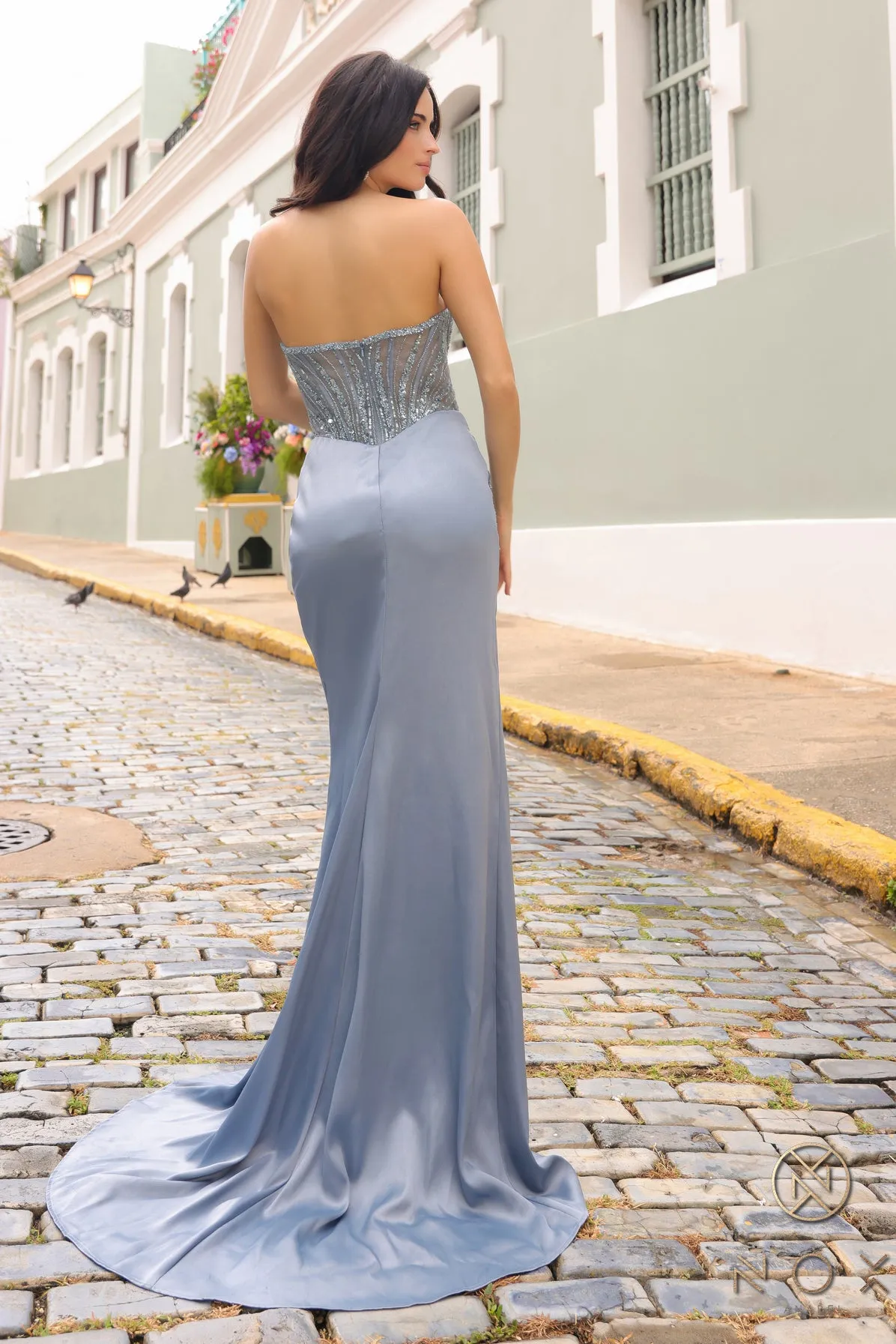 Beaded Satin Fitted Strapless Slit Gown by Nox Anabel F1466