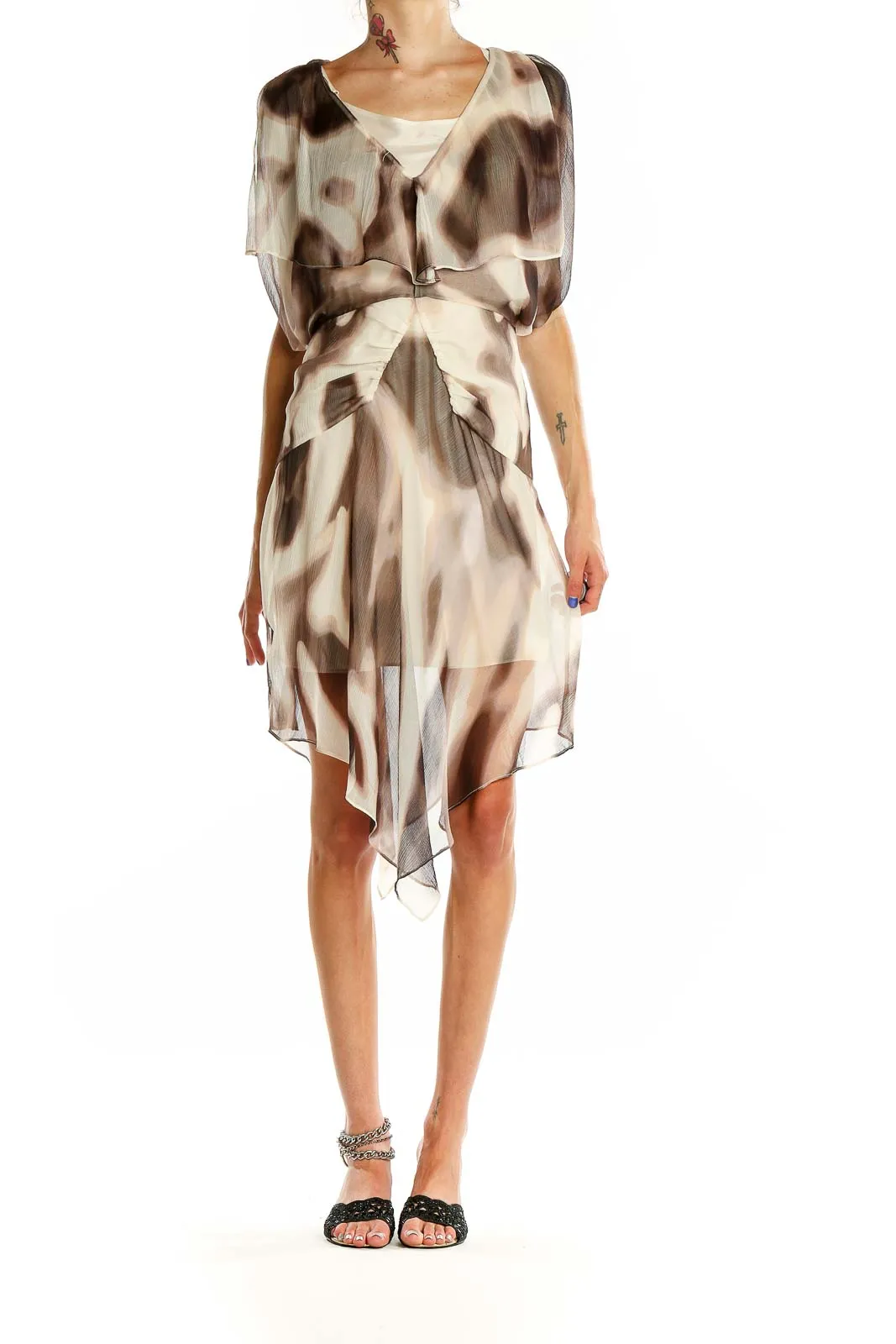 Beige Abstract Print Flowy Dress