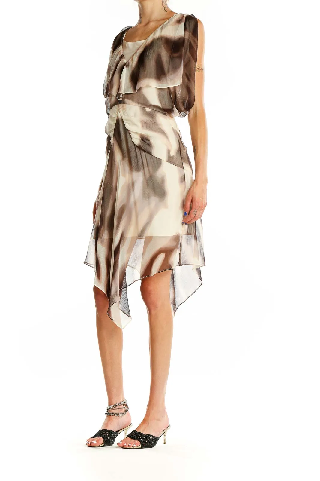 Beige Abstract Print Flowy Dress