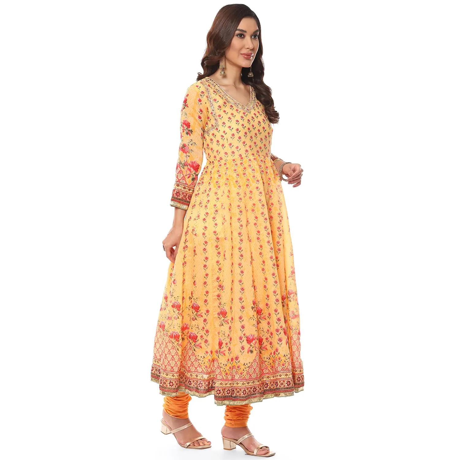 BIBA Polyester Women's Printed Fitted Salwar Kurta Dupatta(Skdshahi Ph7785_Yellow_38)