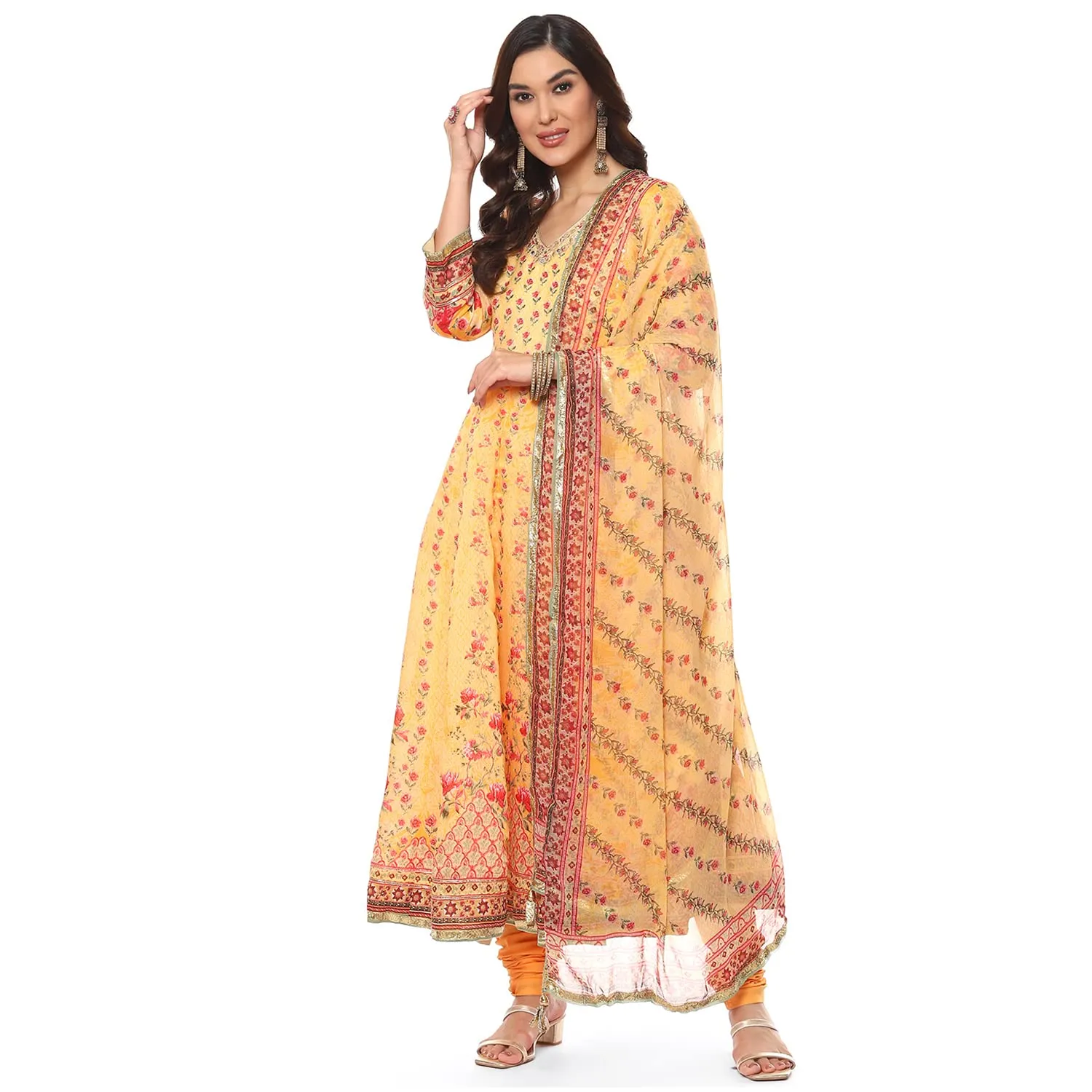 BIBA Polyester Women's Printed Fitted Salwar Kurta Dupatta(Skdshahi Ph7785_Yellow_38)