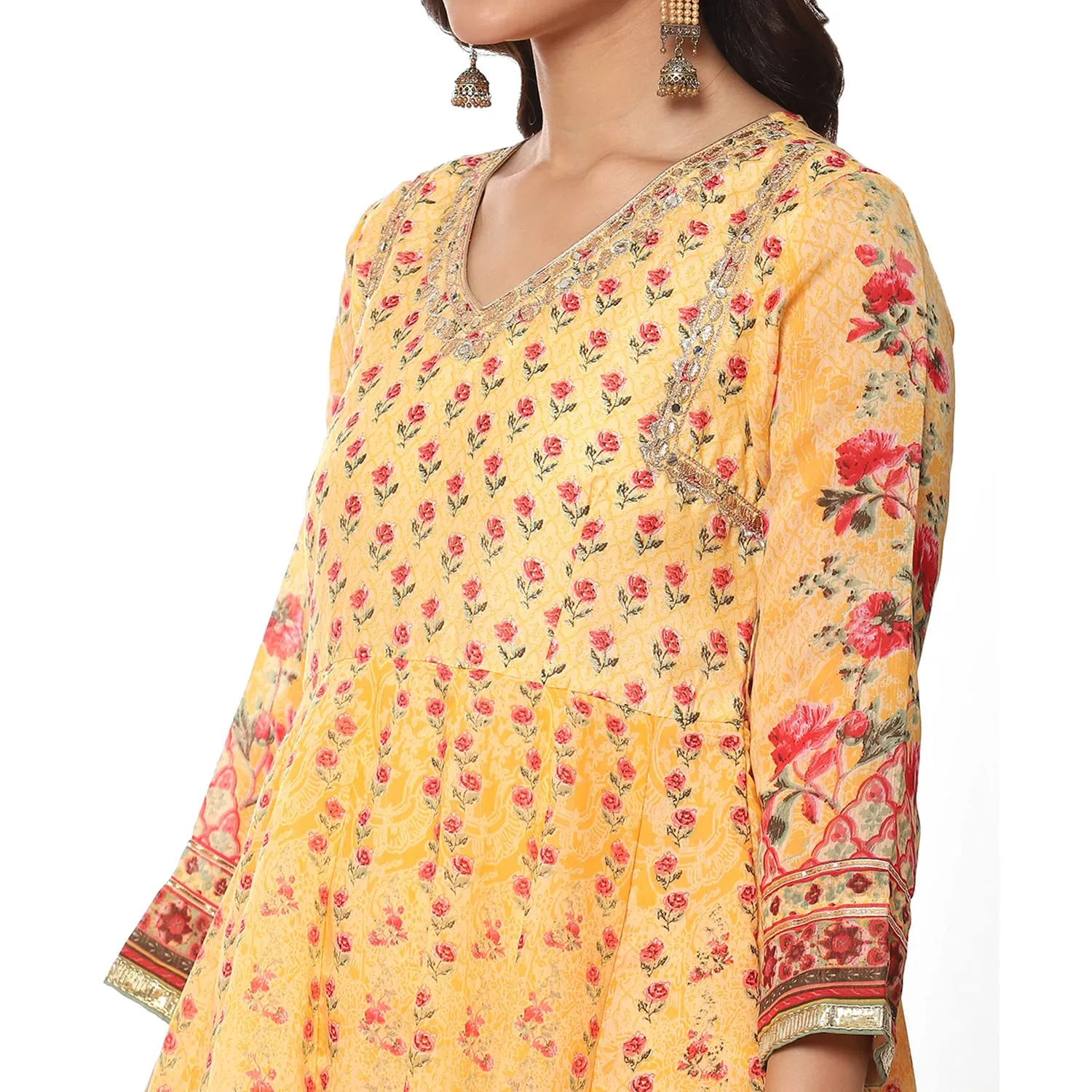 BIBA Polyester Women's Printed Fitted Salwar Kurta Dupatta(Skdshahi Ph7785_Yellow_38)