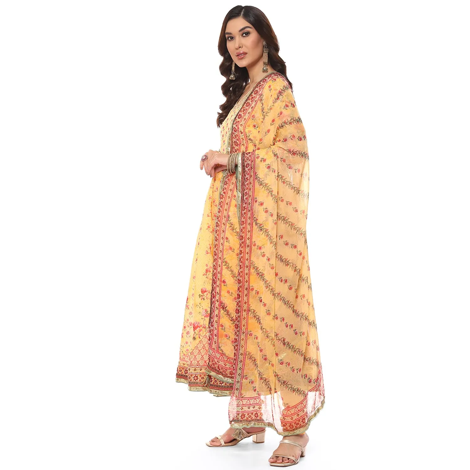 BIBA Polyester Women's Printed Fitted Salwar Kurta Dupatta(Skdshahi Ph7785_Yellow_38)