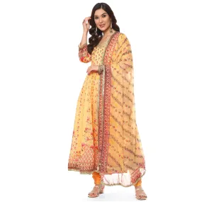 BIBA Polyester Women's Printed Fitted Salwar Kurta Dupatta(Skdshahi Ph7785_Yellow_38)