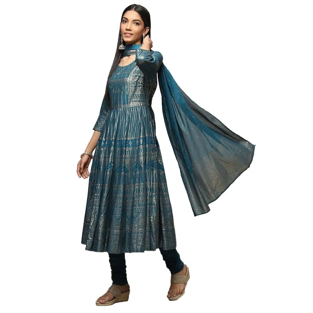 BIBA Women's Cotton Printed Fitted Salwar Kurta Dupatta (Skdsummer S8499_Teal_34)