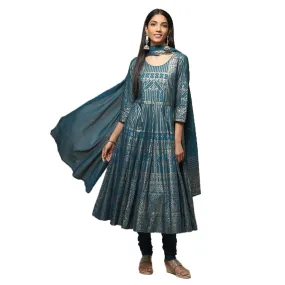 BIBA Women's Cotton Printed Fitted Salwar Kurta Dupatta (Skdsummer S8499_Teal_34)