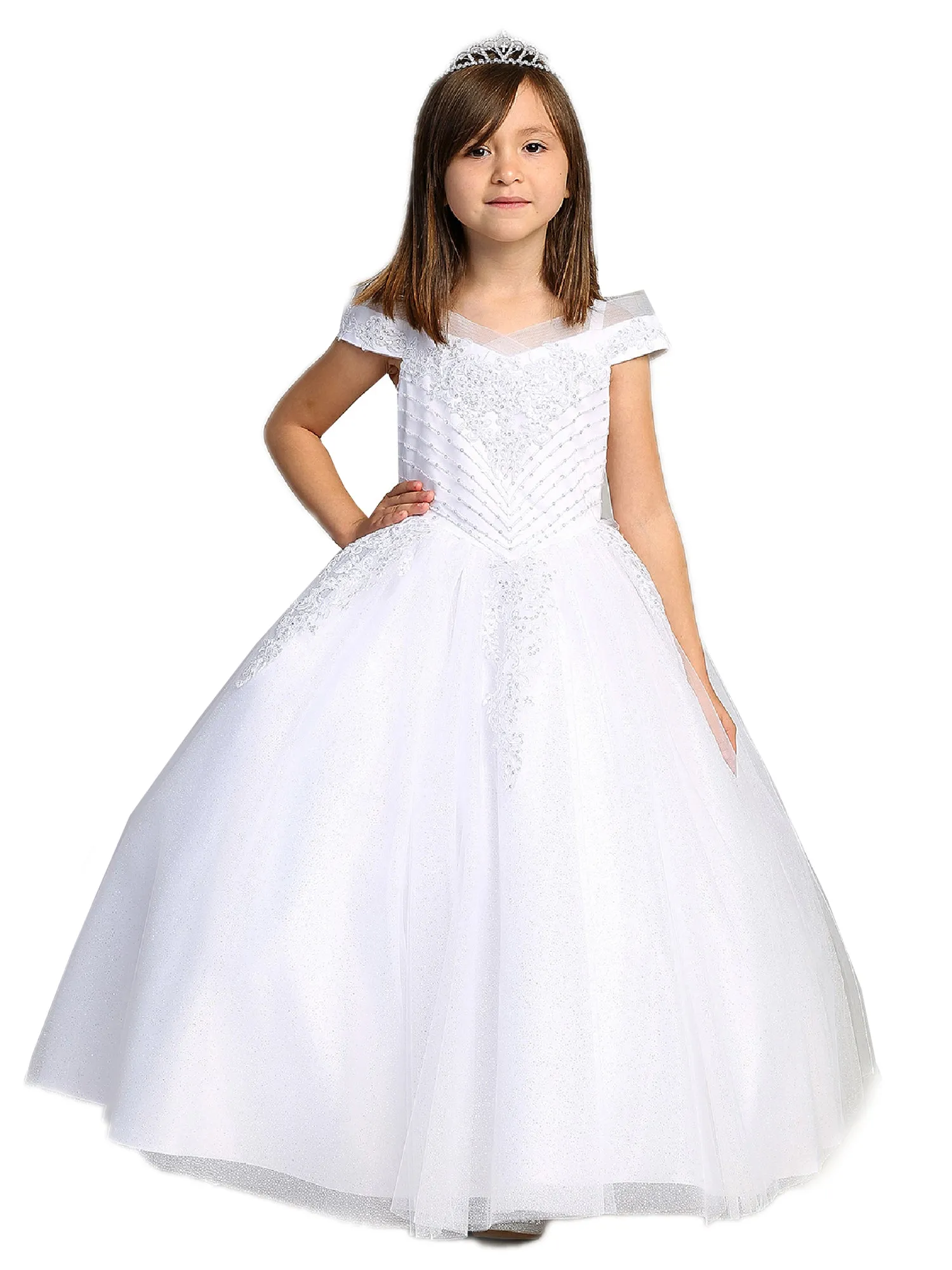 Big Girls White Chevron Beading Off Shoulder Pageant Dress 8-18