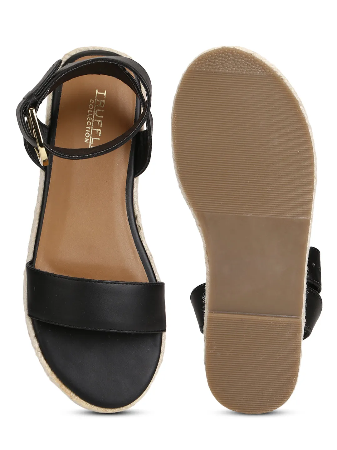 Black PU Jute Espadrilles With Ankle Strap