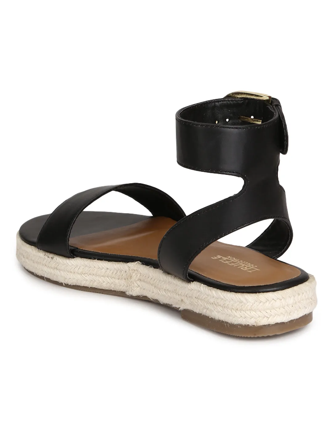 Black PU Jute Espadrilles With Ankle Strap