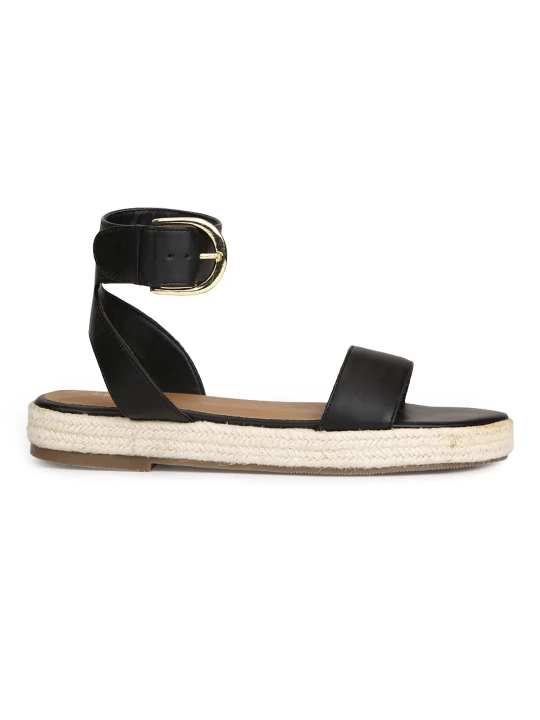 Black PU Jute Espadrilles With Ankle Strap