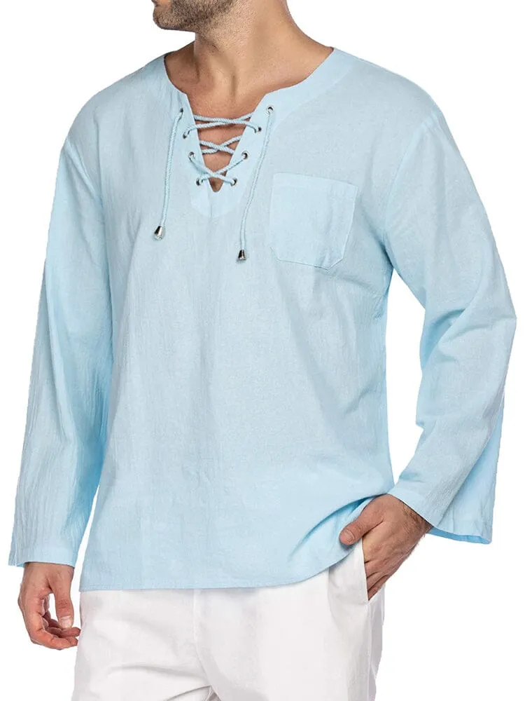 Breathable Solid Drawstring Cotton Linen Shirt (US Only)