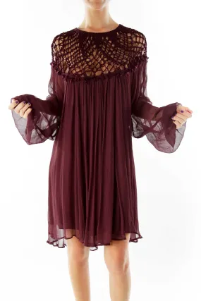 Burgundy Crochet Yoke Flowy Dress