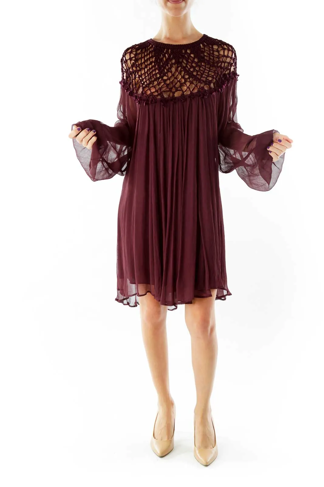 Burgundy Crochet Yoke Flowy Dress