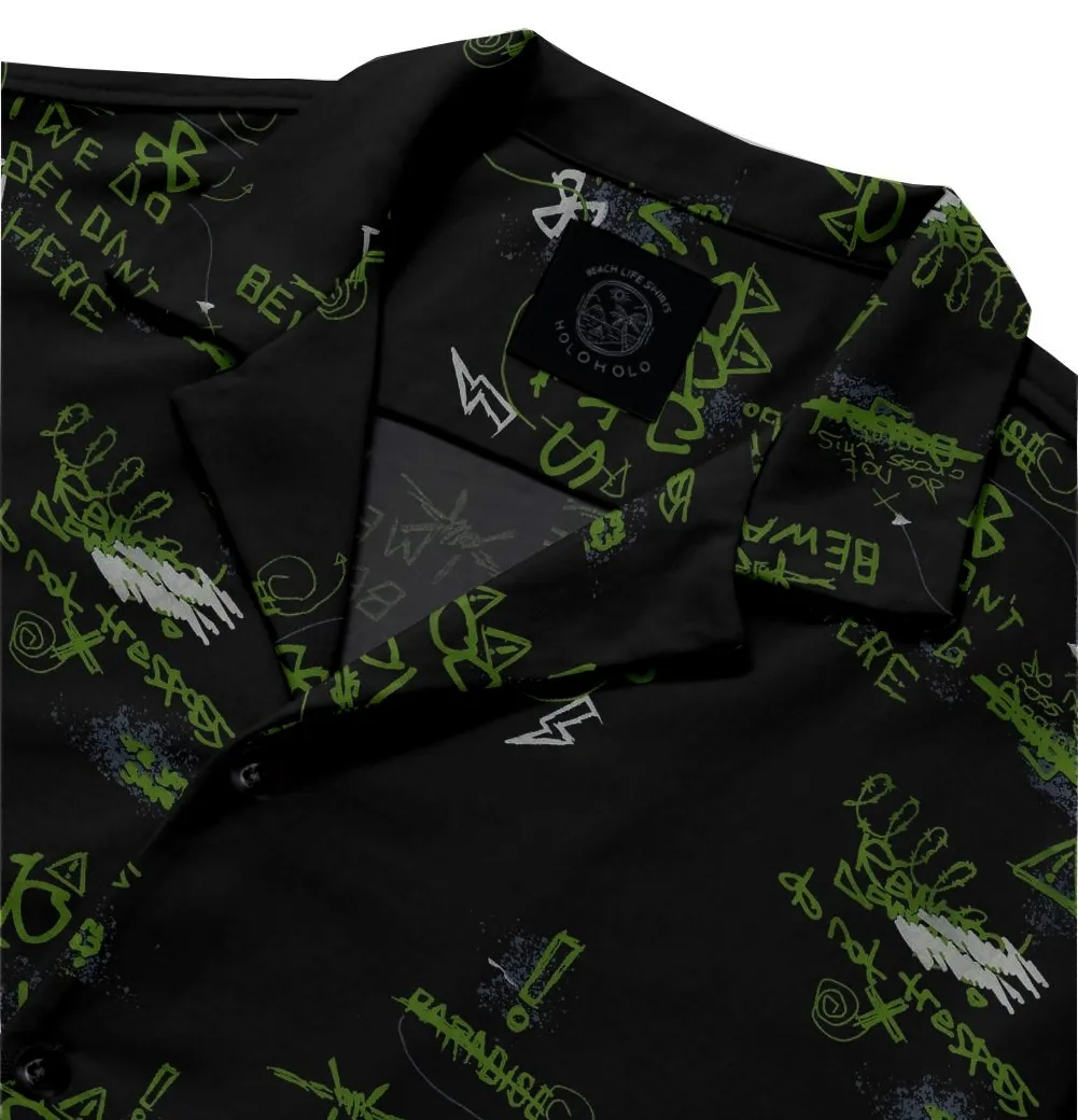 Cotton - Camp Collar Shirt - Black Green Text