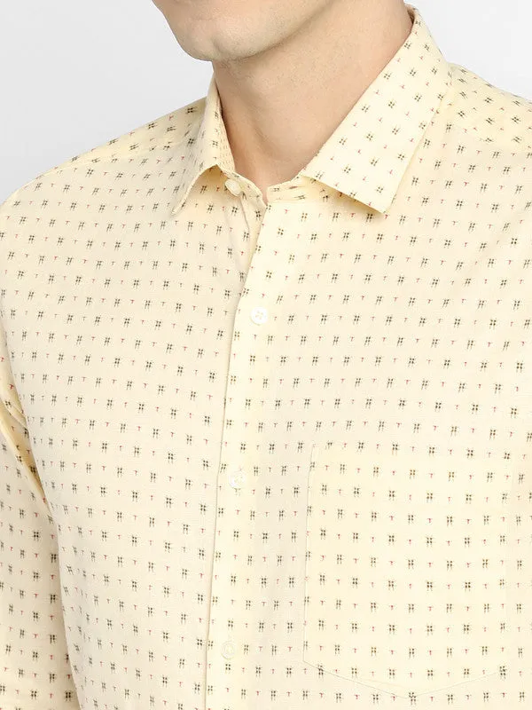 Cotton Linen Light Yellow Slim Fit Printed Shirts