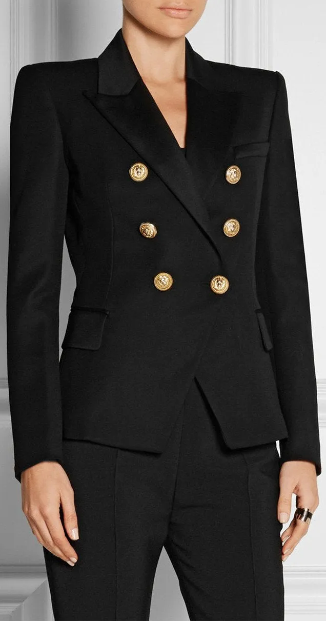 Double-Breasted Gold Button Twill Blazer, Black