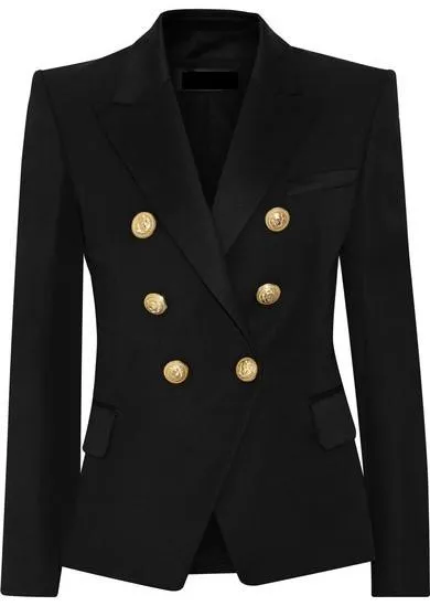 Double-Breasted Gold Button Twill Blazer, Black