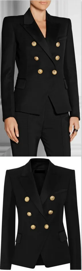 Double-Breasted Gold Button Twill Blazer, Black