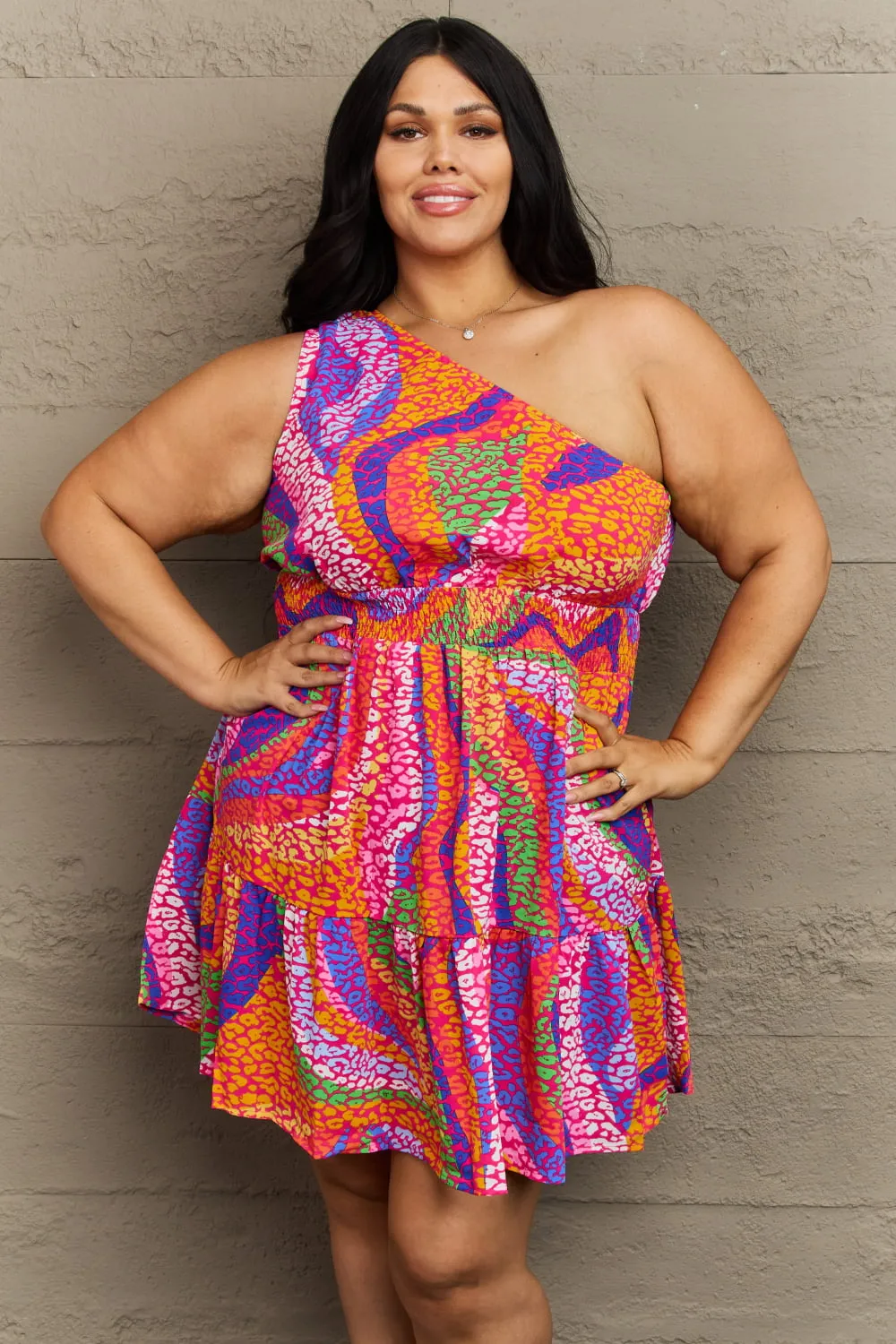 Fall Back Plus Size One Shoulder Mini Tiered Dress