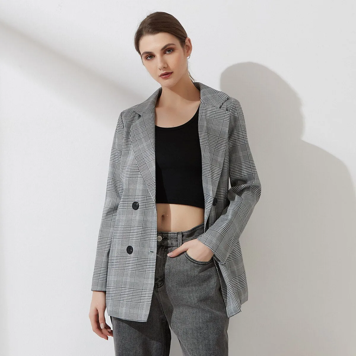 FashionSierra - Women Plaid Casual Double Breasted Blazer