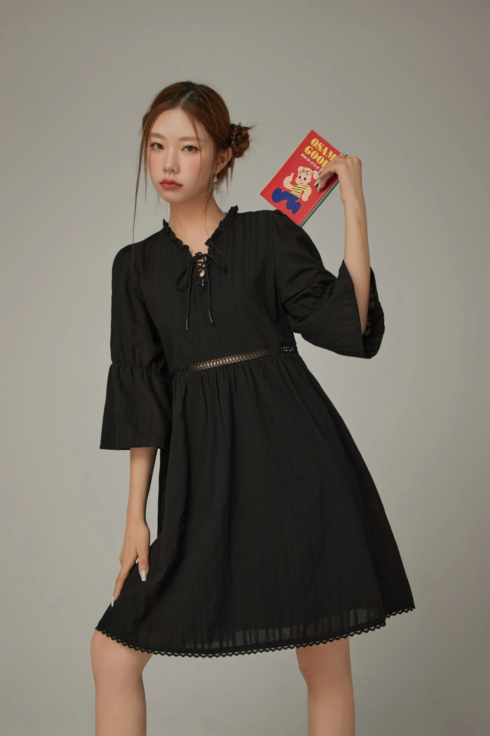 Frill Laceup Flowy Sleeve Dress