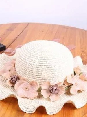 Girls Floral Ruffle Brim Straw Hat