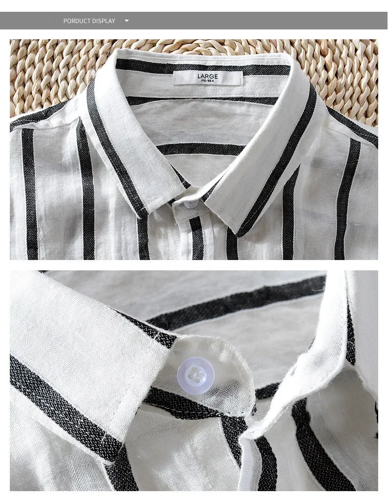 Italy brand summer linen men shirt casual fashion white stripes shirt