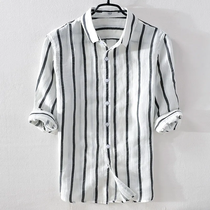 Italy brand summer linen men shirt casual fashion white stripes shirt