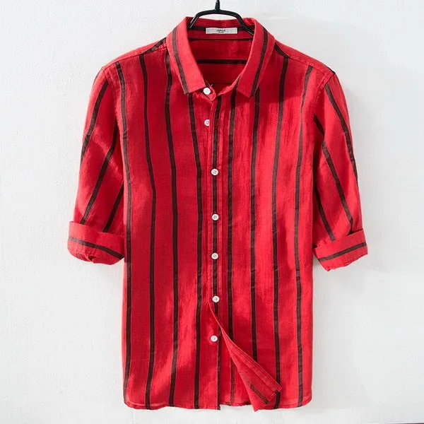 Italy brand summer linen men shirt casual fashion white stripes shirt