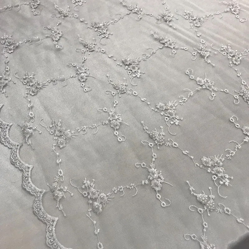 Ivory Hand Embroidered Beaded Mesh Lace Bridal Wedding Prom Dresses Fabric