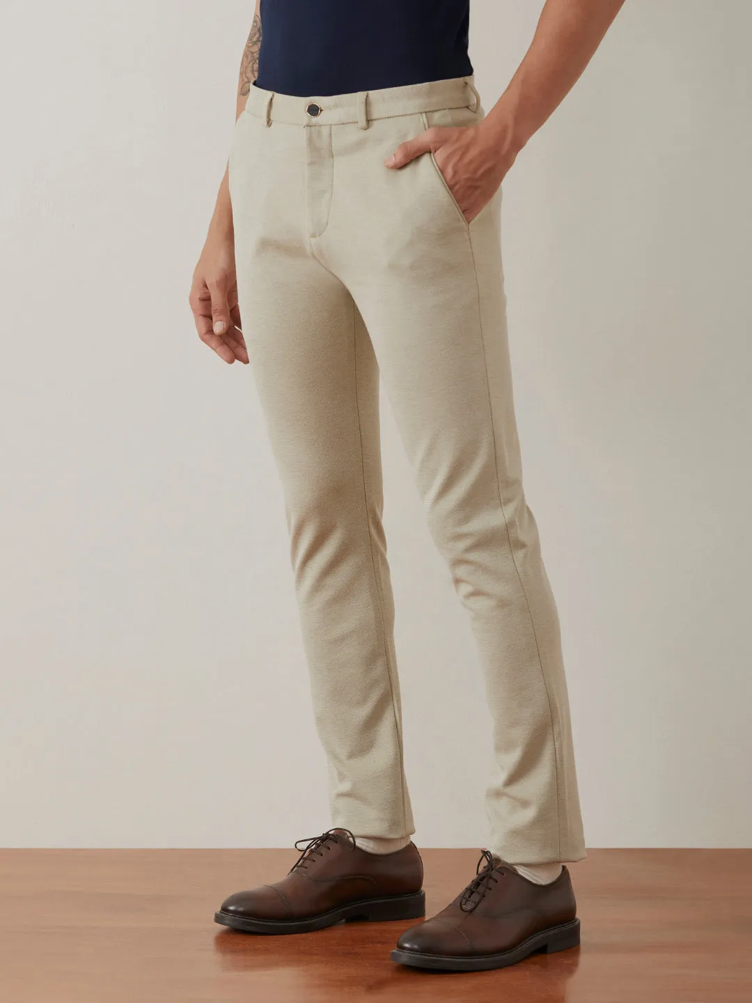 Light Yellow Plain Bi-Stretch Trousers