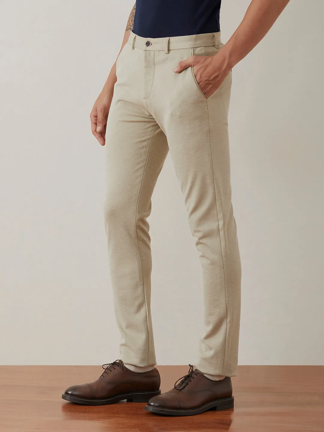 Light Yellow Plain Bi-Stretch Trousers