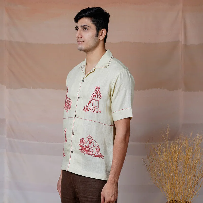 Linen Embroidered Shirt | Unisex | Beige