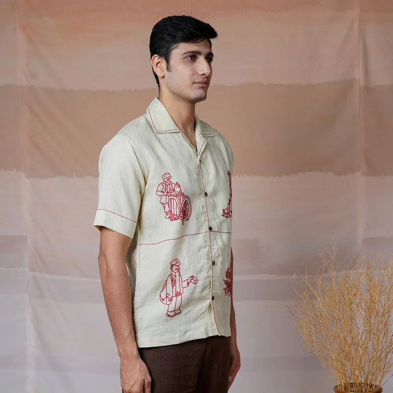 Linen Embroidered Shirt | Unisex | Beige