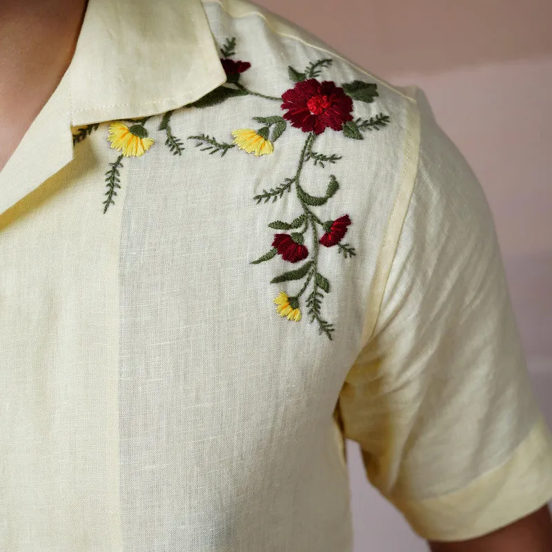 Linen Half Sleeves Shirt | Cream | Embroidered