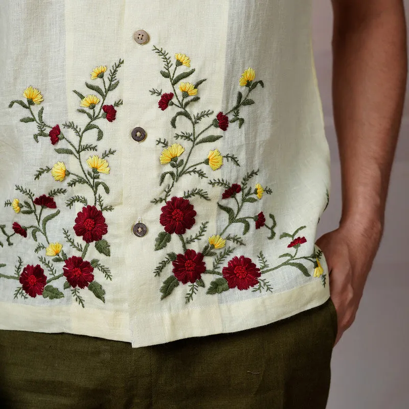 Linen Half Sleeves Shirt | Cream | Embroidered