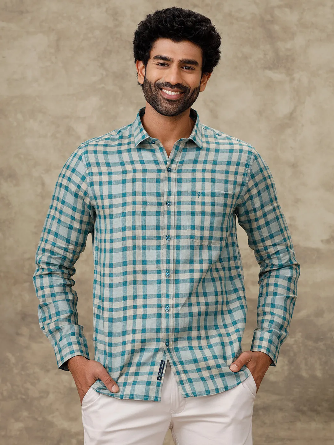 Men Pure Linen Peacock Green Checked Shirt LS75