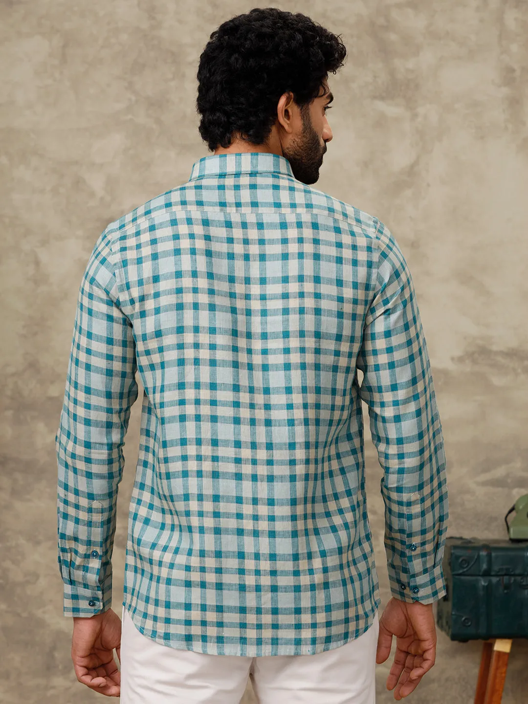 Men Pure Linen Peacock Green Checked Shirt LS75