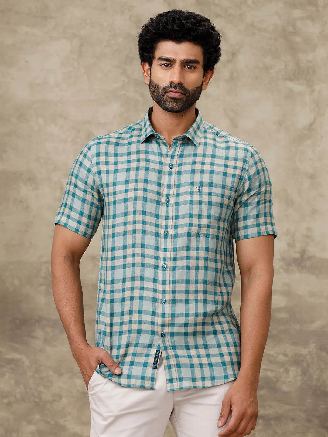 Men Pure Linen Peacock Green Checked Shirt LS75