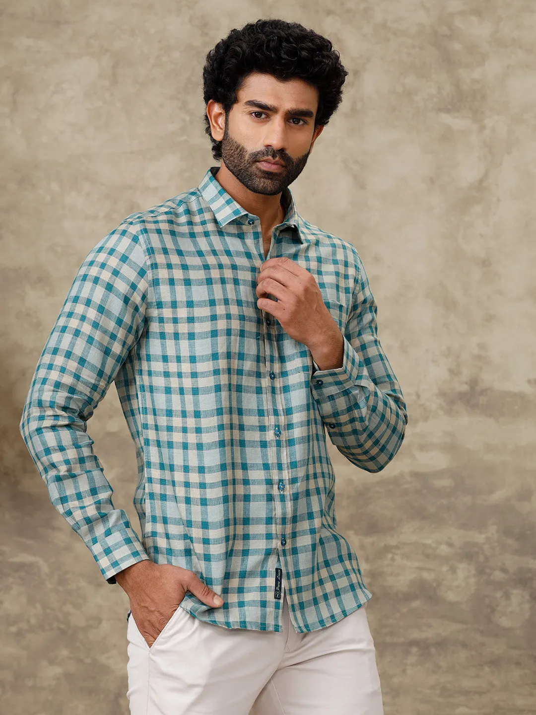 Men Pure Linen Peacock Green Checked Shirt LS75