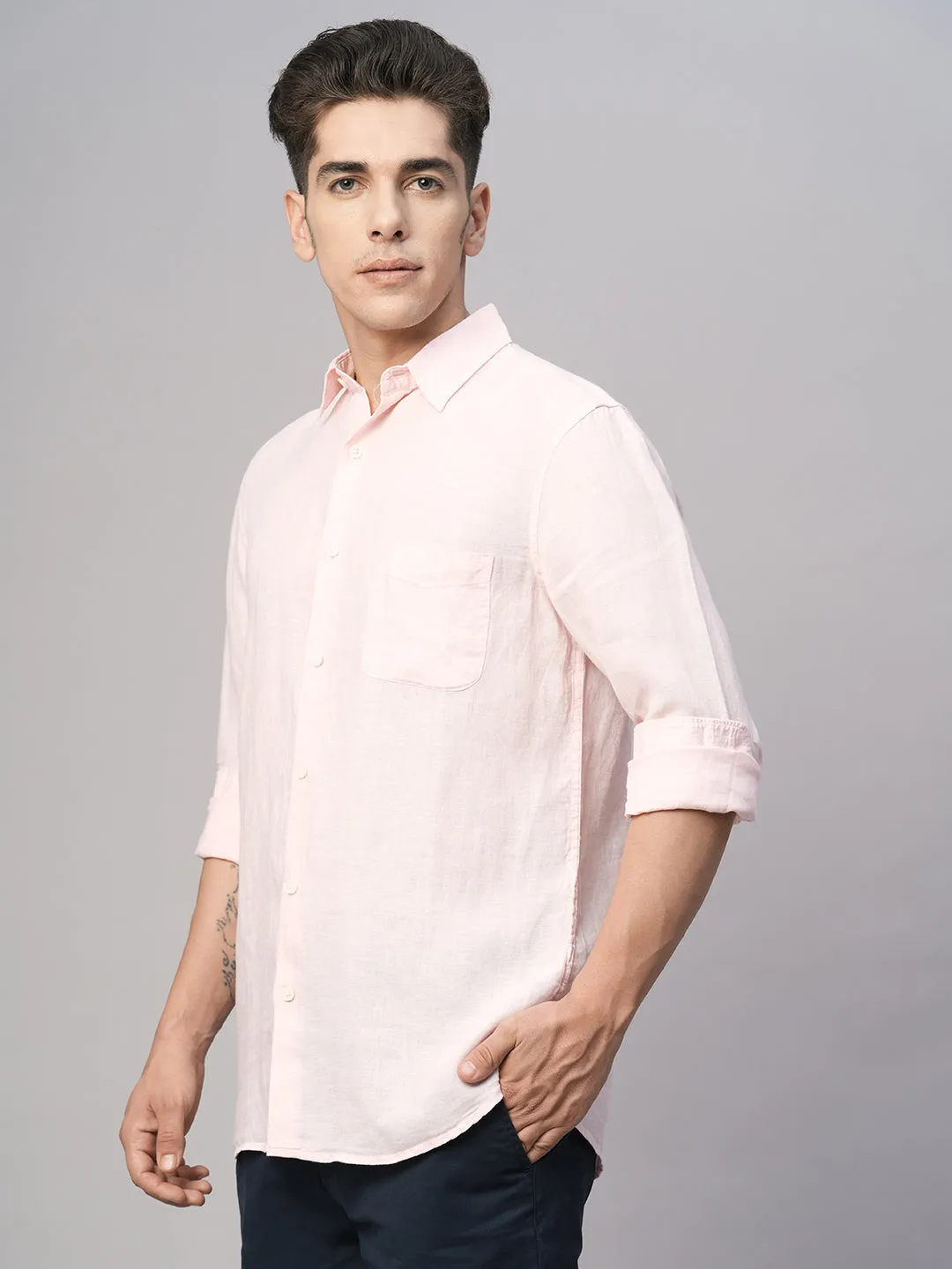 Men's Pink 100% Linen Regular Fit Shirt